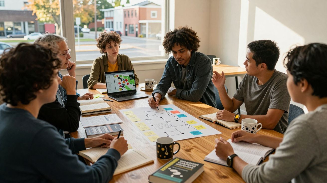 Grupo de cinco jovens a discutir planos num escritório com esquemas e computador portátil.
