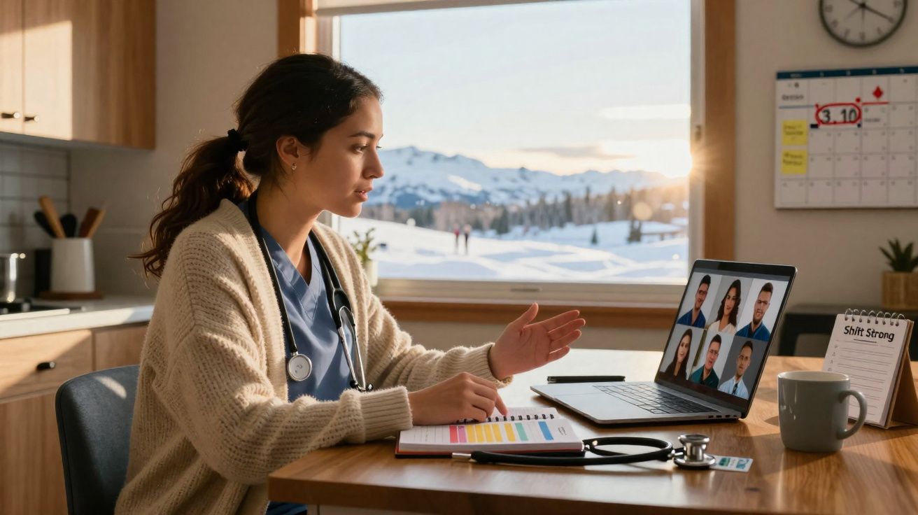 Mulher médica numa videochamada com colegas, numa cozinha com janela para paisagem nevada.