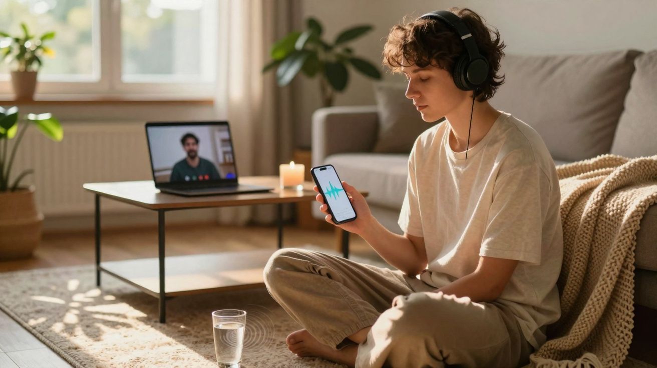 Pessoa sentada no chão a usar auscultadores, segurando telemóvel com gráfico de áudio, com vídeo chamada no computador.