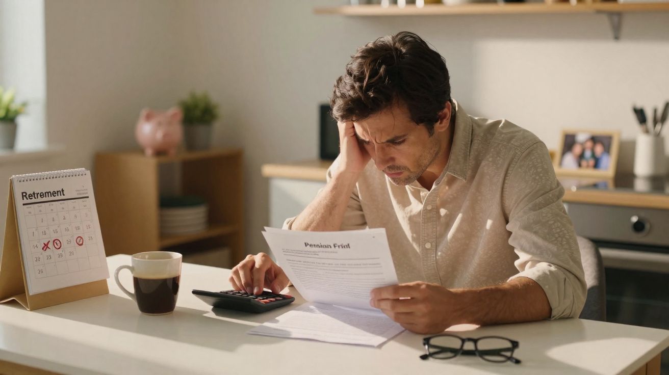 Homem preocupado a calcular finanças em casa, com calendário e documento sobre pensão na mesa.