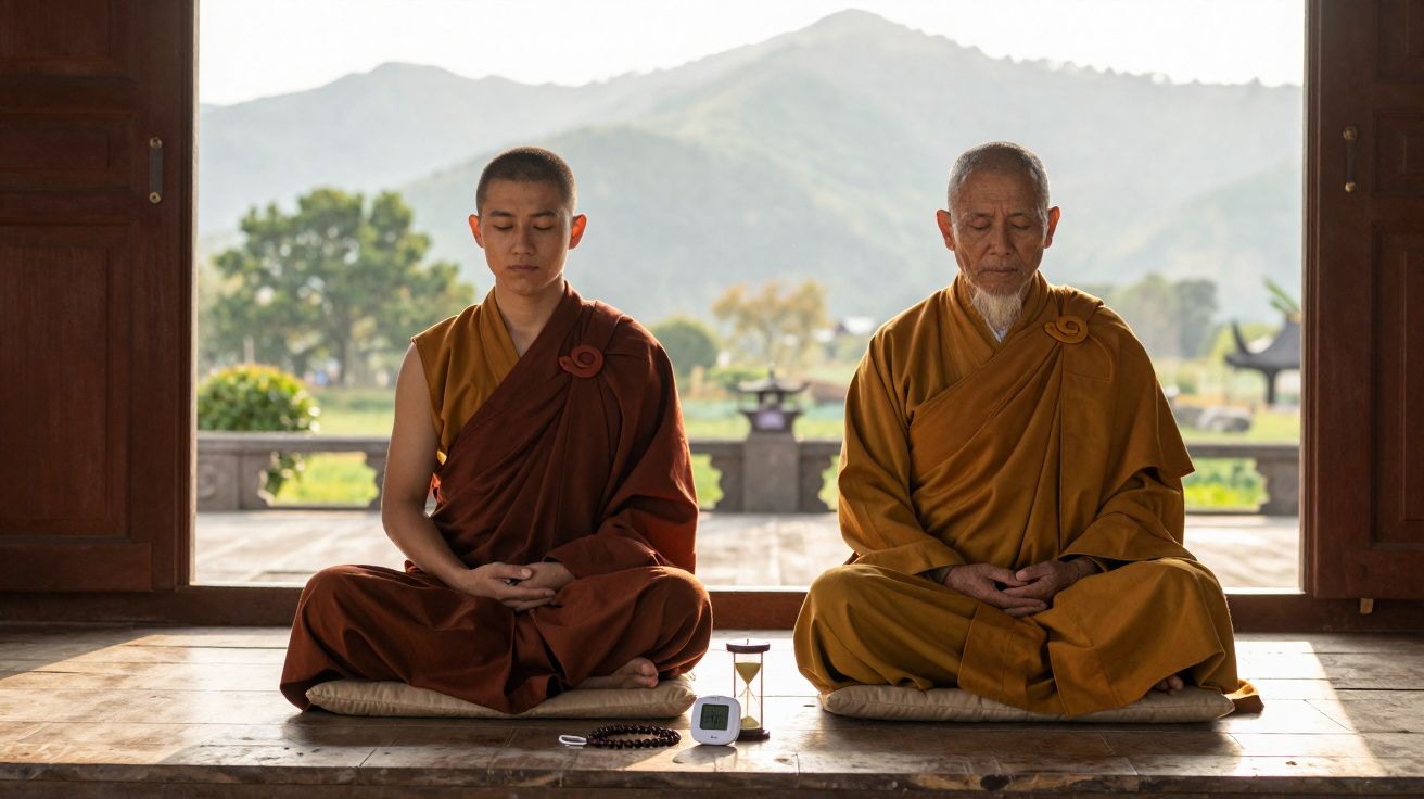 Dois monges meditam sentados no chão com paisagem montanhosa ao fundo.