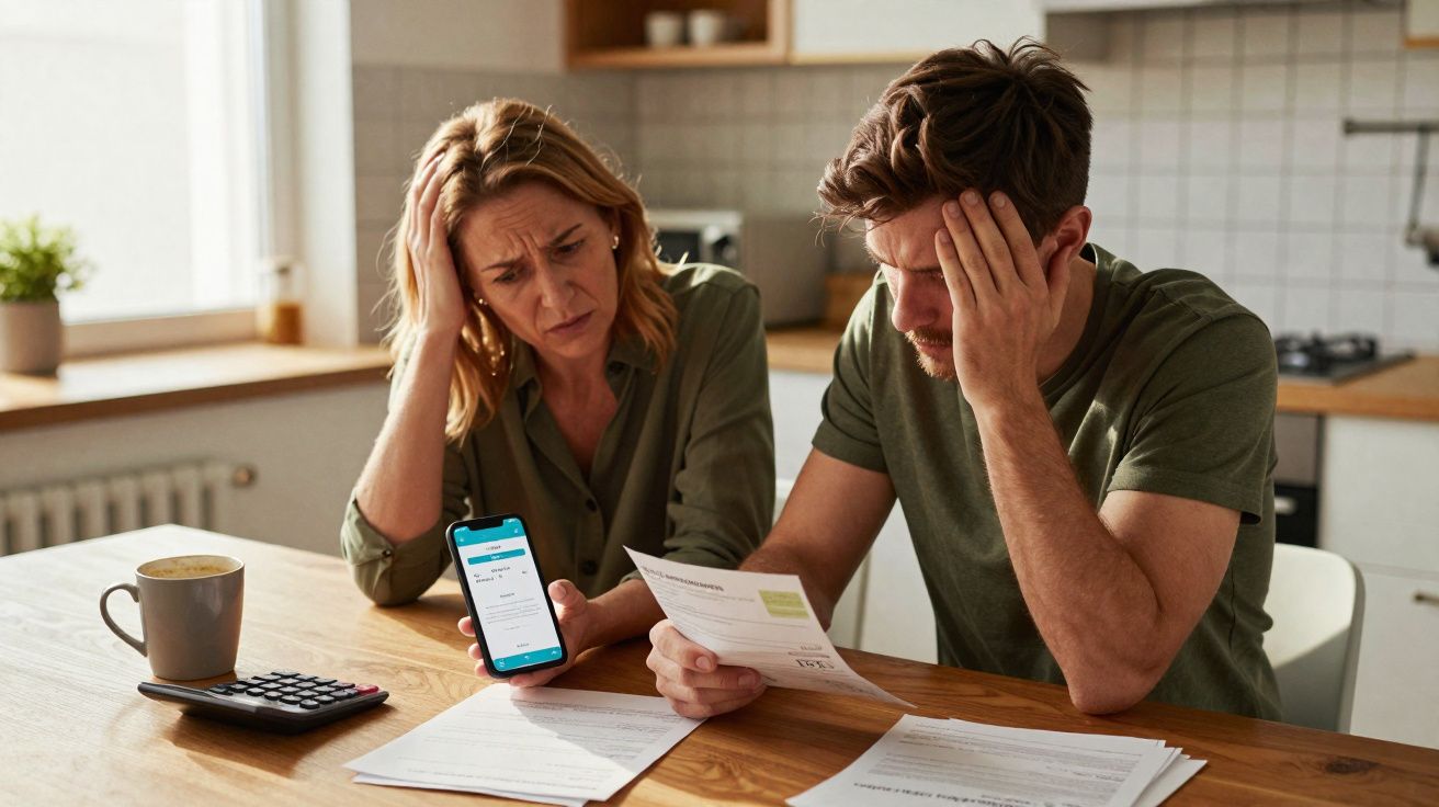 Casal sentado à mesa da cozinha a analisar documentos e contas com expressão preocupada.