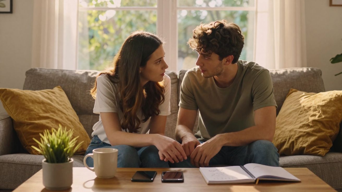 Casal sentado no sofá em casa, a conversar com expressão séria, com objetos sobre a mesa à frente.