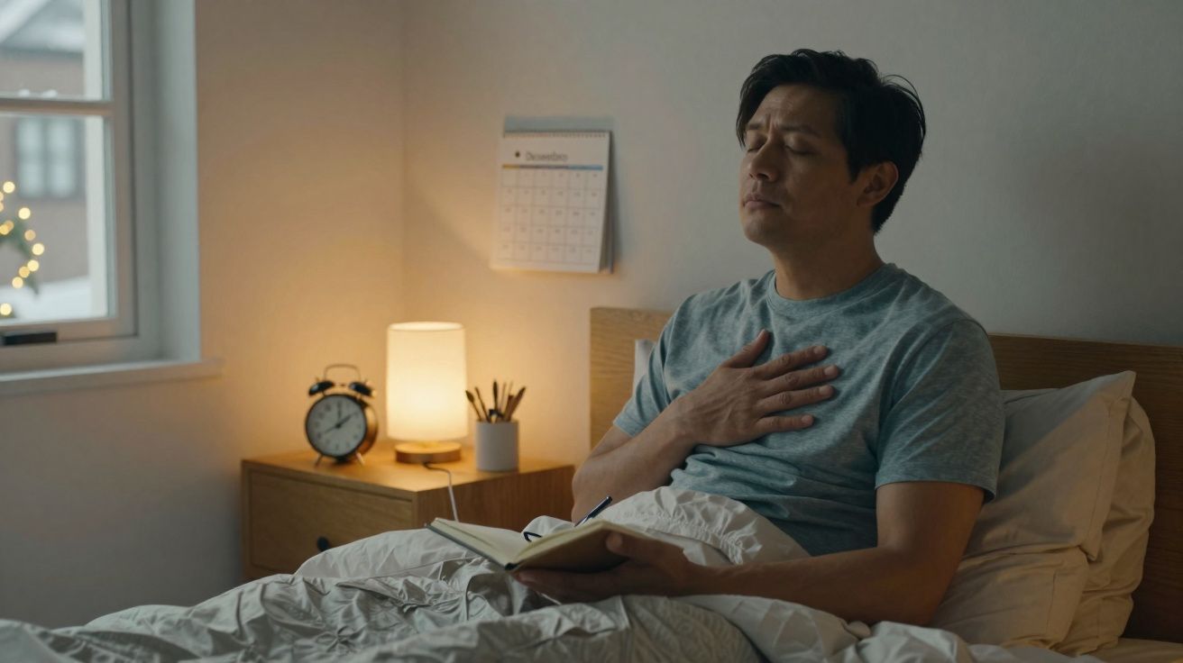 Homem sentado na cama com olhos fechados e mão no peito, numa atmosfera calma e iluminada por candeeiro.