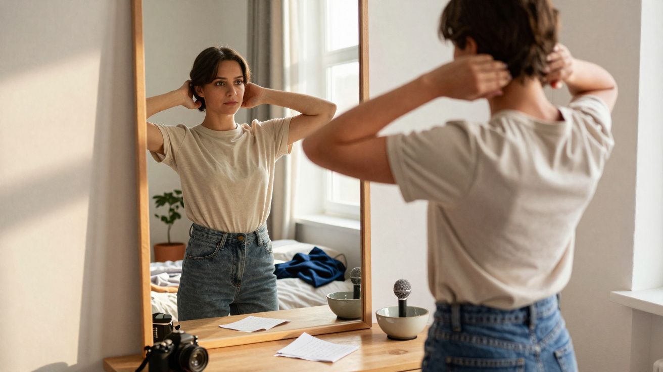 Pessoa jovem a arranjar o cabelo em frente a um espelho numa divisão iluminada pela luz natural.