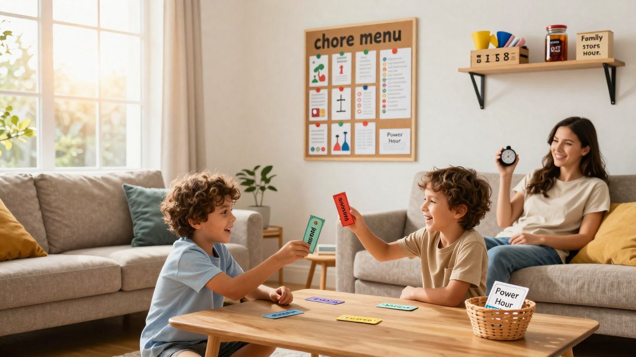 Duas crianças sentadas à mesa a jogar cartas com mulher sorridente segurando cronómetro no sofá.