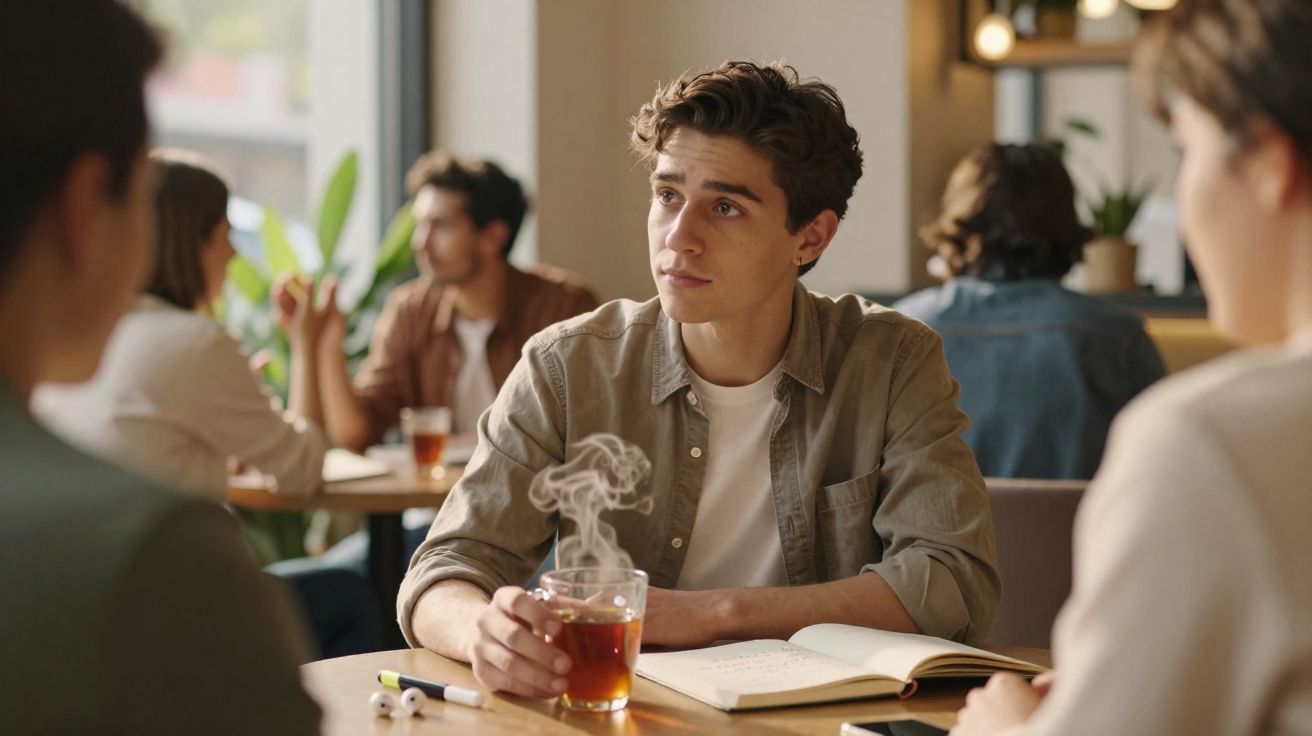 Jovem sentado numa mesa de café com chá quente, a ouvir e conversar com outras pessoas.