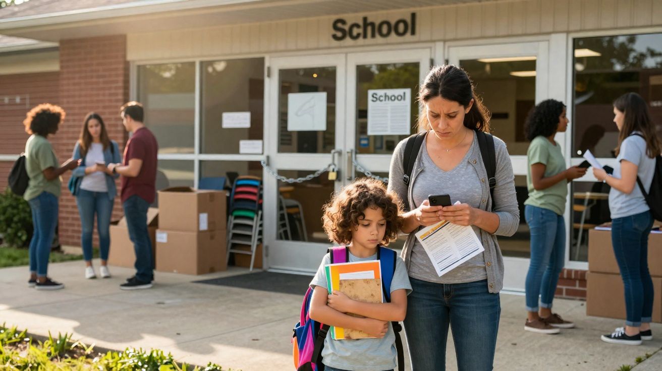 Mãe com filho à entrada de escola, ambos com mochilas e material escolar, outras pessoas ao fundo em conversa.