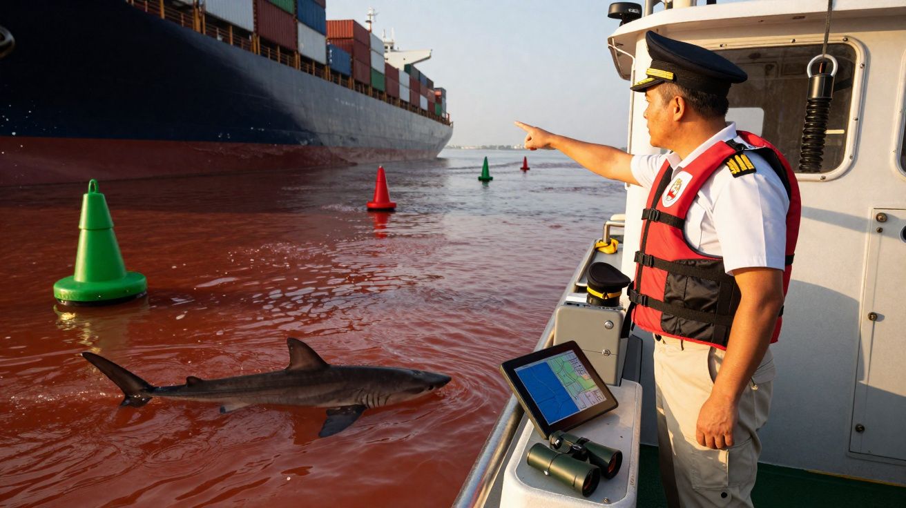 Capitão de navio aponta para tubarão nadando próximo a boias verdes e cargueiro no porto.