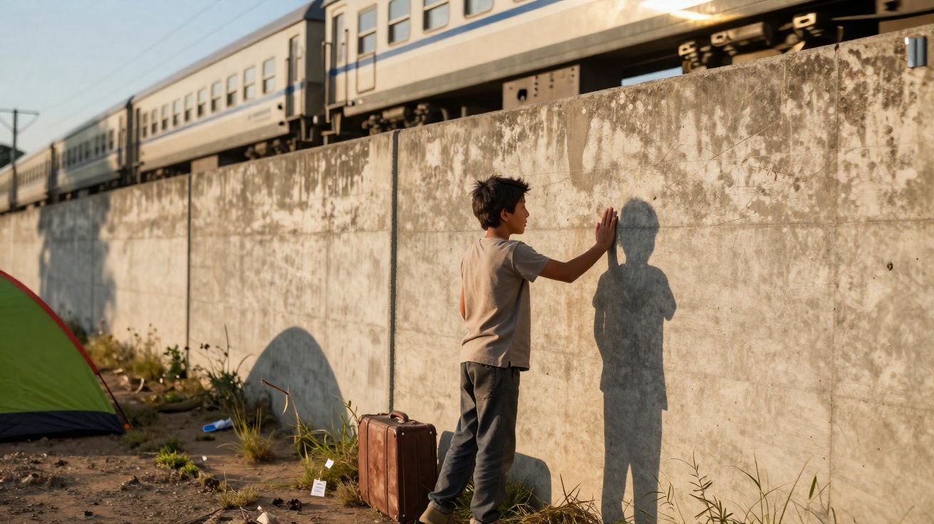 Rapaz encostado a um muro com sombra projetada, mala antiga ao lado, comboio a passar em cima do muro.