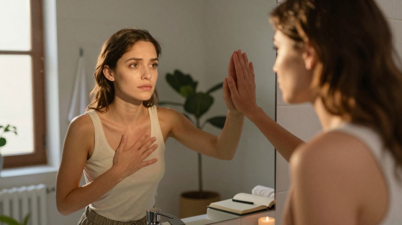 Mulher jovem com expressão pensativa e mão no peito, olhando para o espelho numa casa iluminada.