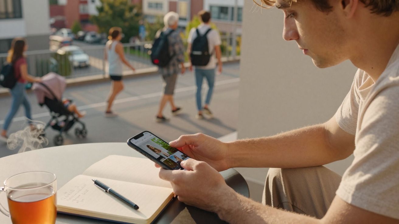 Jovem sentado numa mesa ao ar livre, a usar telemóvel, com caderno, caneta e chá à sua frente.