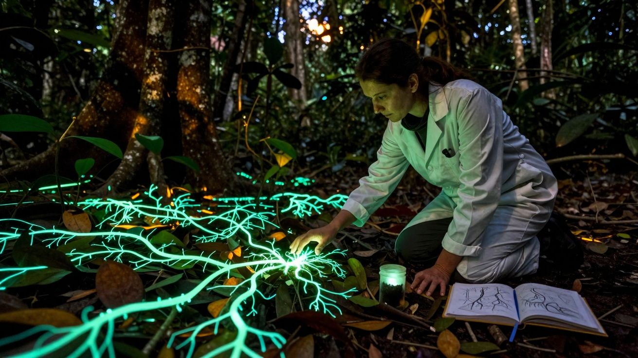 Mulher de bata branca examina plantas luminosas azuis no chão de uma floresta com livro aberto ao lado.