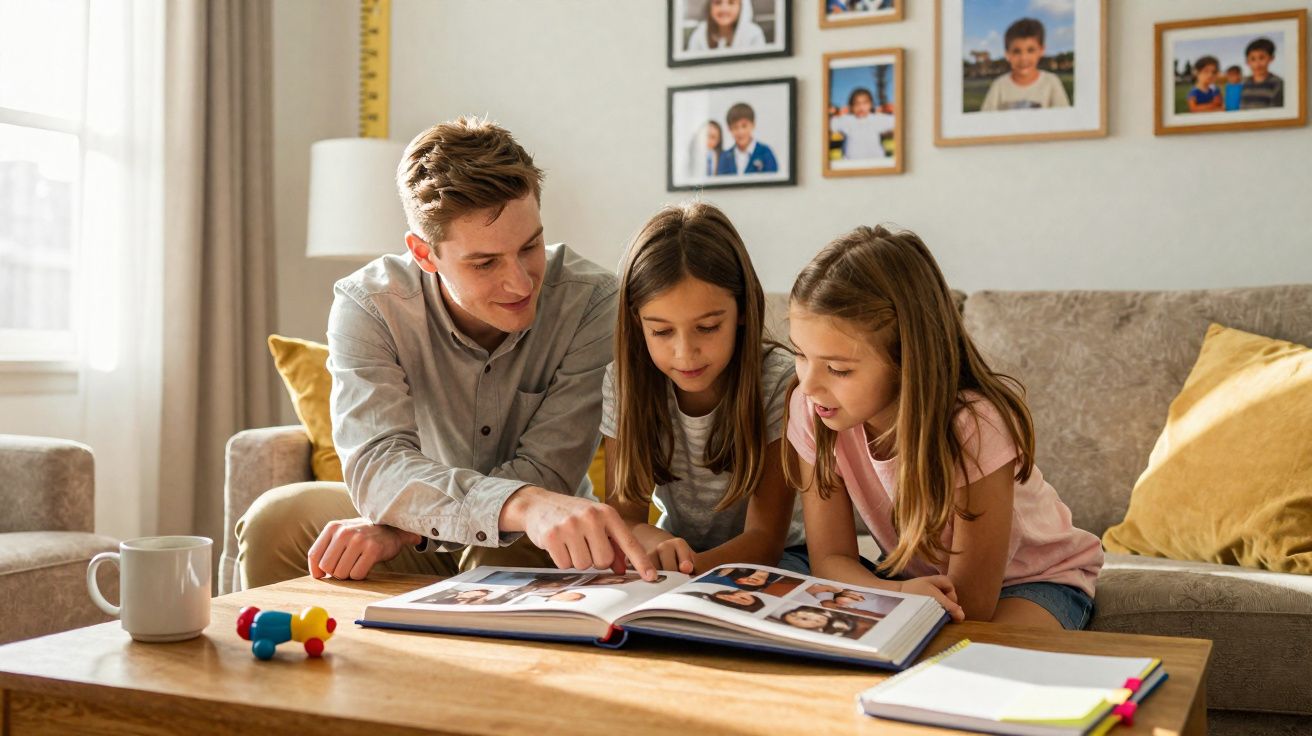 Homem e duas meninas sentados no sofá a ver um álbum fotográfico num salão iluminado.
