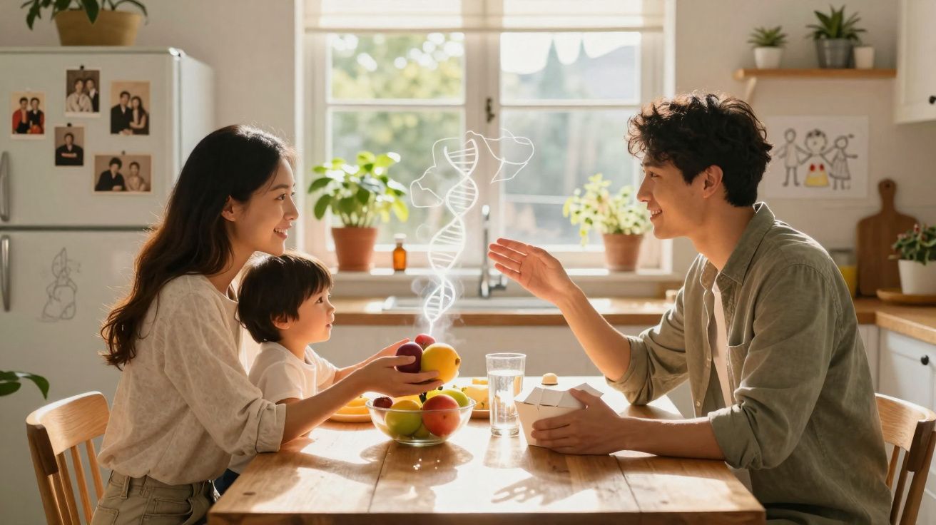 Família asiática sorridente sentada à mesa de cozinha com frutas e desenho de DNA em ambiente luminoso.