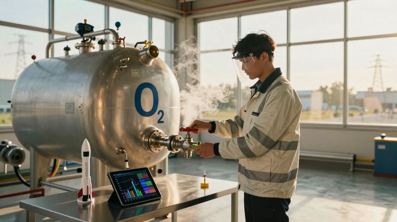 Técnico em laboratório manipula válvula de tanque de oxigénio com vapor, usando óculos de proteção.