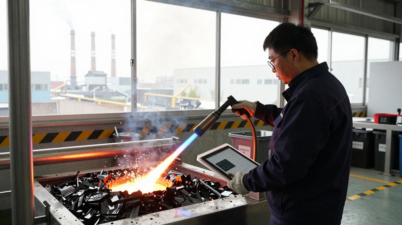 Homem a utilizar maçarico para soldar metal numa fábrica industrial com três chaminés ao fundo.