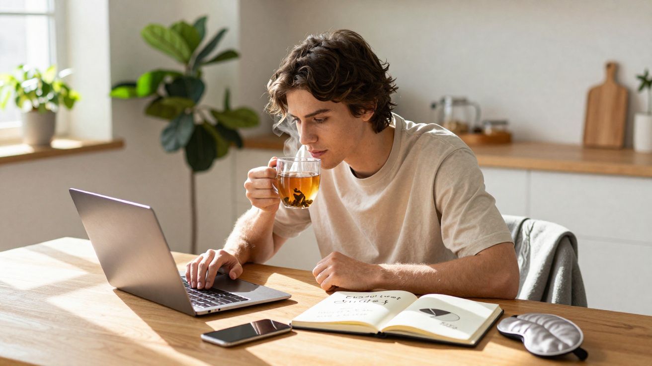 Jovem sentado a beber chá enquanto usa portátil numa mesa com caderno, telemóvel e máscara de dormir.