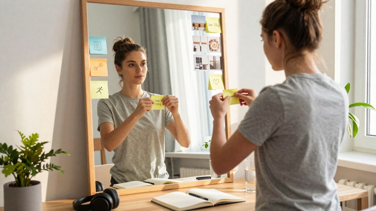 Mulher jovem a colar notas autoadesivas num espelho num quarto bem iluminado e organizado.