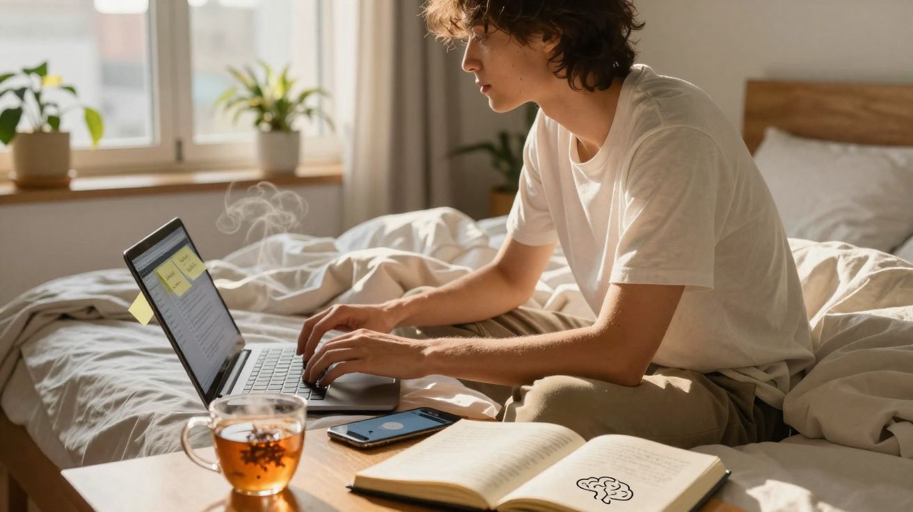 Jovem sentado na cama a trabalhar num portátil, com chá, telemóvel e caderno aberto em cima da mesa.