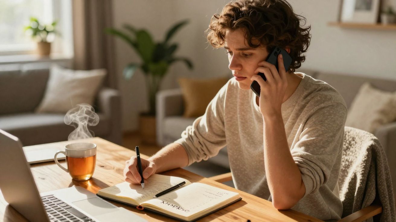 Pessoa jovem a trabalhar numa mesa com caderno, portátil, chá quente e a falar ao telemóvel em ambiente doméstico.