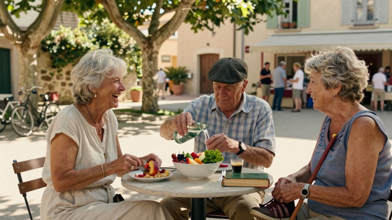 Três idosos sentados à mesa ao ar livre, partilhando uma refeição e conversando num dia soalheiro.