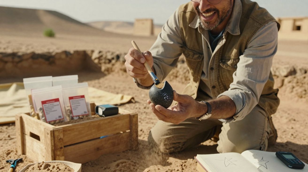 Homem arqueólogo a limpar cuidadosamente um artefacto preto durante escavação arqueológica no deserto.