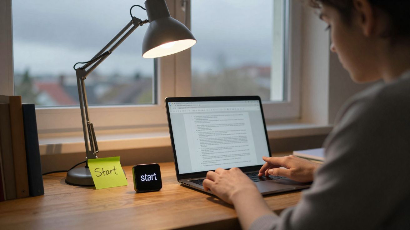 Pessoa a trabalhar num portátil numa secretária com uma lâmpada, livros, um post-it e um relógio digital.