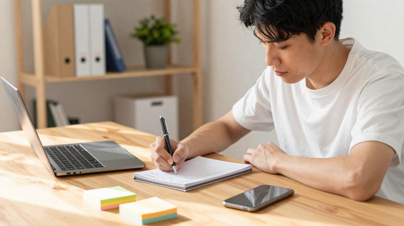 Jovem sentado numa secretária a escrever num caderno, com portátil e telemóvel à sua frente.