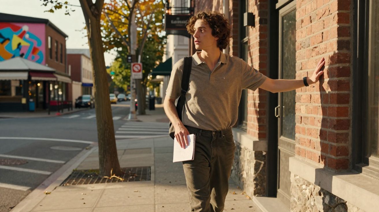 Jovem com mochila e caderno caminha numa calçada urbana, encostando a mão numa parede de tijolos.