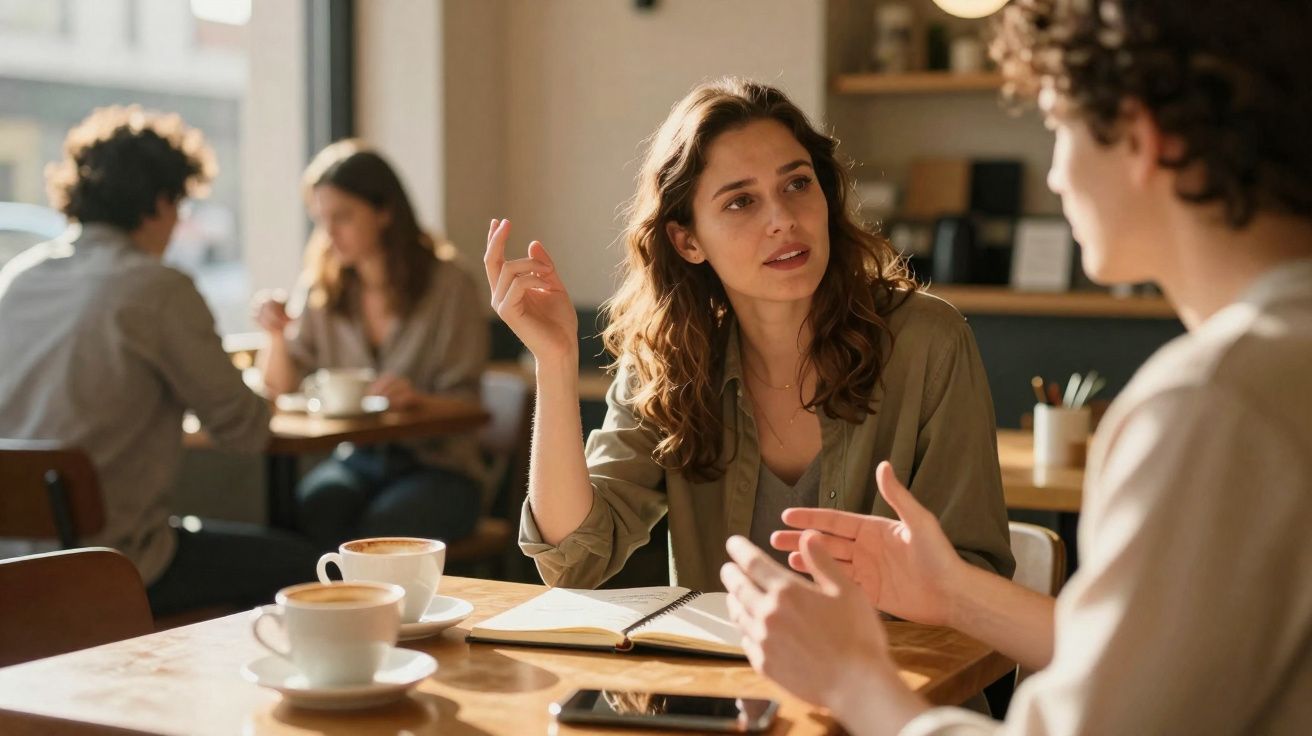 Duas pessoas sentadas numa mesa de café a conversar, com caderno e café à frente.