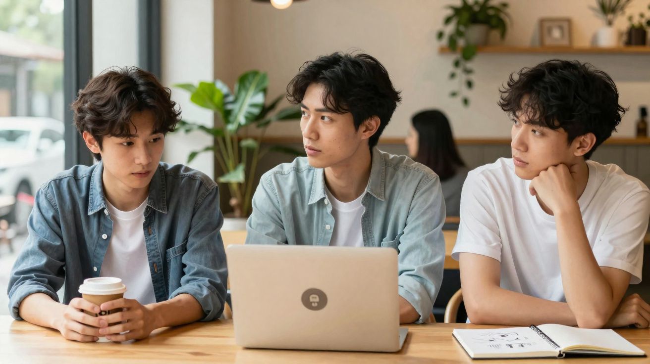 Três jovens sentados à mesa com computador portátil, copo de café e caderno, num ambiente moderno e descontraído.