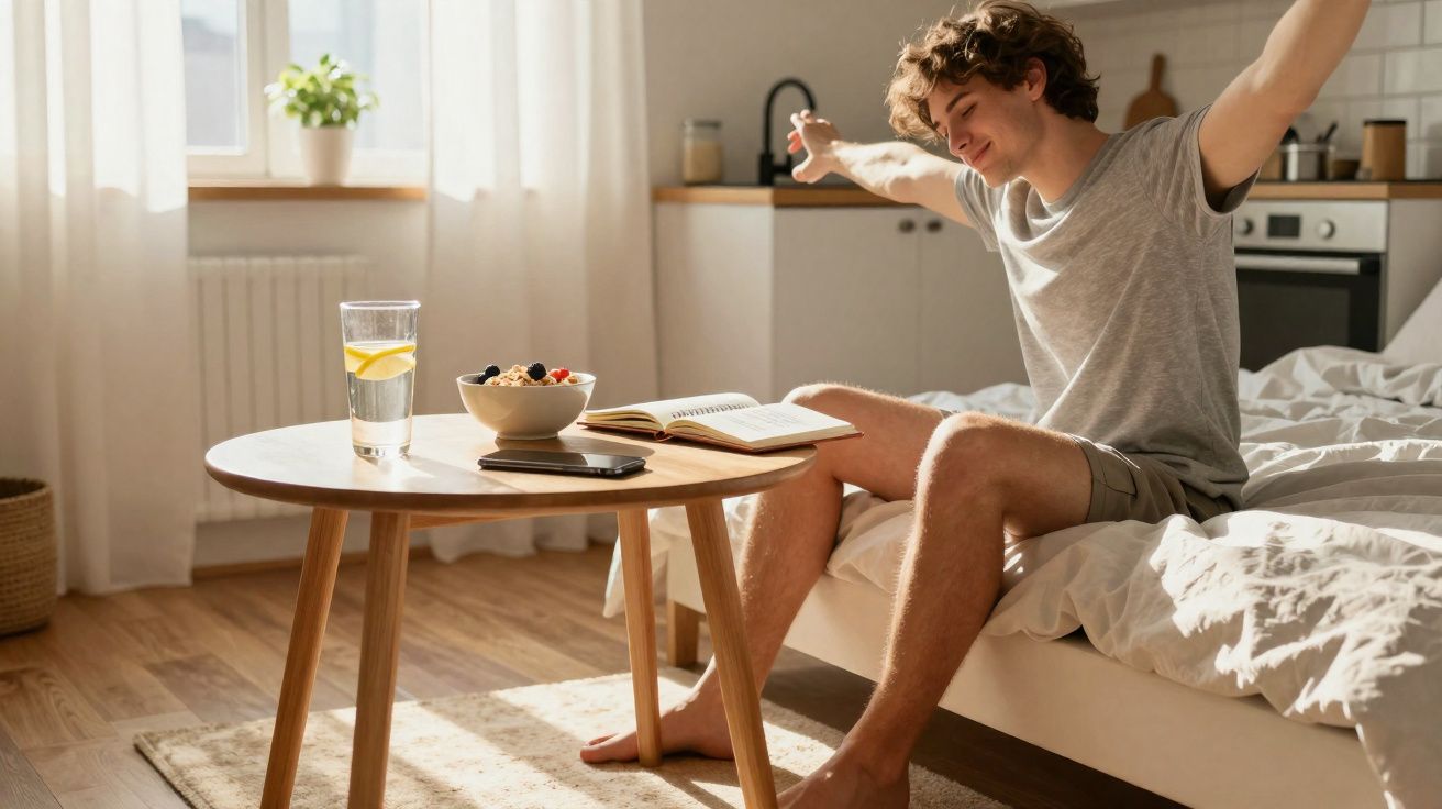 Jovem estica os braços sentado na cama com mesa à frente contendo bebida, taça de frutos e livro aberto.