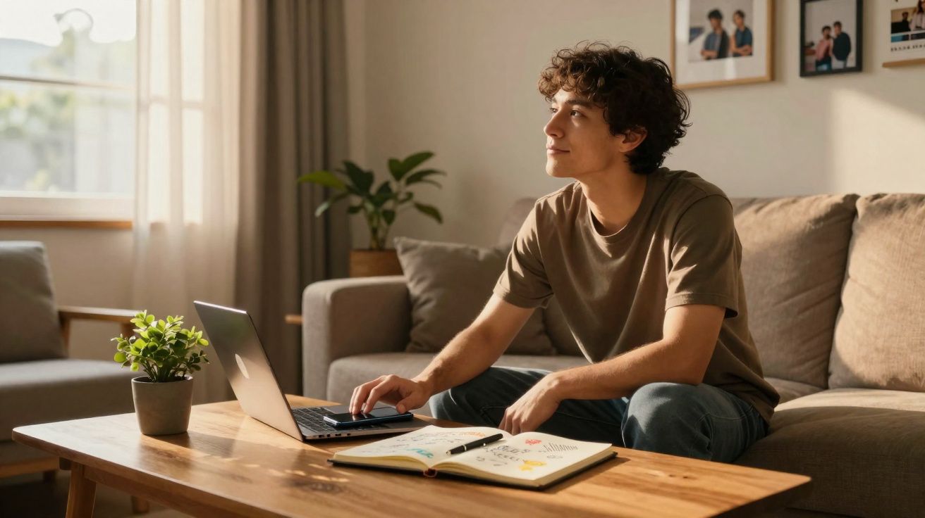 Jovem sentado no sofá com portátil e caderno sobre mesa de madeira, olhando para a janela com luz natural.