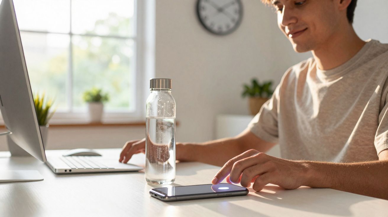 Pessoa a trabalhar num computador portátil com telemóvel e garrafa de água numa secretária iluminada pela luz natural.