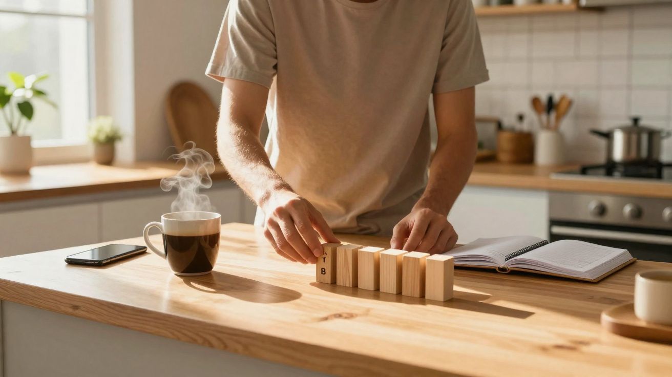 Pessoa em cozinha a empilhar blocos de madeira em cima de bancada junto a chávena de café quente e telemóvel.