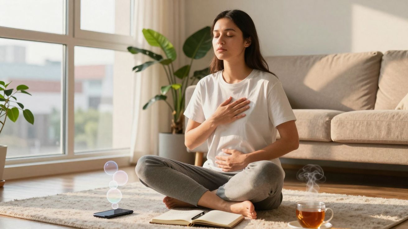 Mulher sentada no chão a meditar, com mãos no peito e barriga, à frente um caderno, chá e telemóvel.