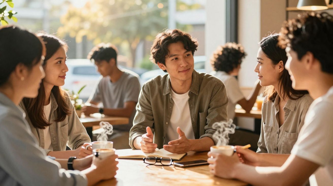 Grupo de jovens sentados à mesa a conversar e beber café num café com luz natural.