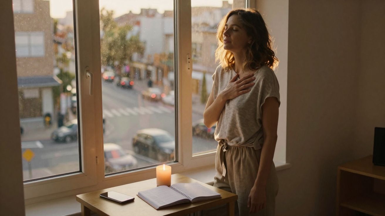 Mulher em pé junto a janela, com mão no peito, ao lado de mesa com caderno aberto e vela acesa.