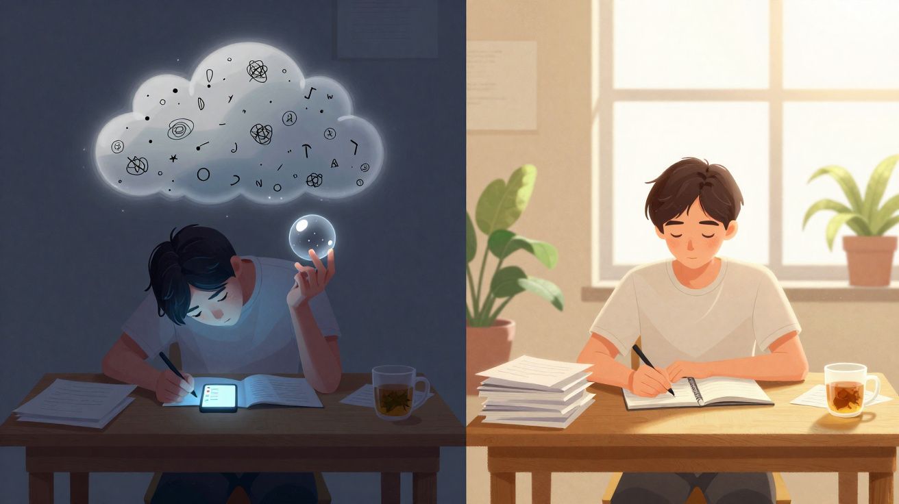 Ilustração dividida mostra rapaz a estudar com confusão mental e o mesmo em ambiente calmo e iluminado a concentrar-se.