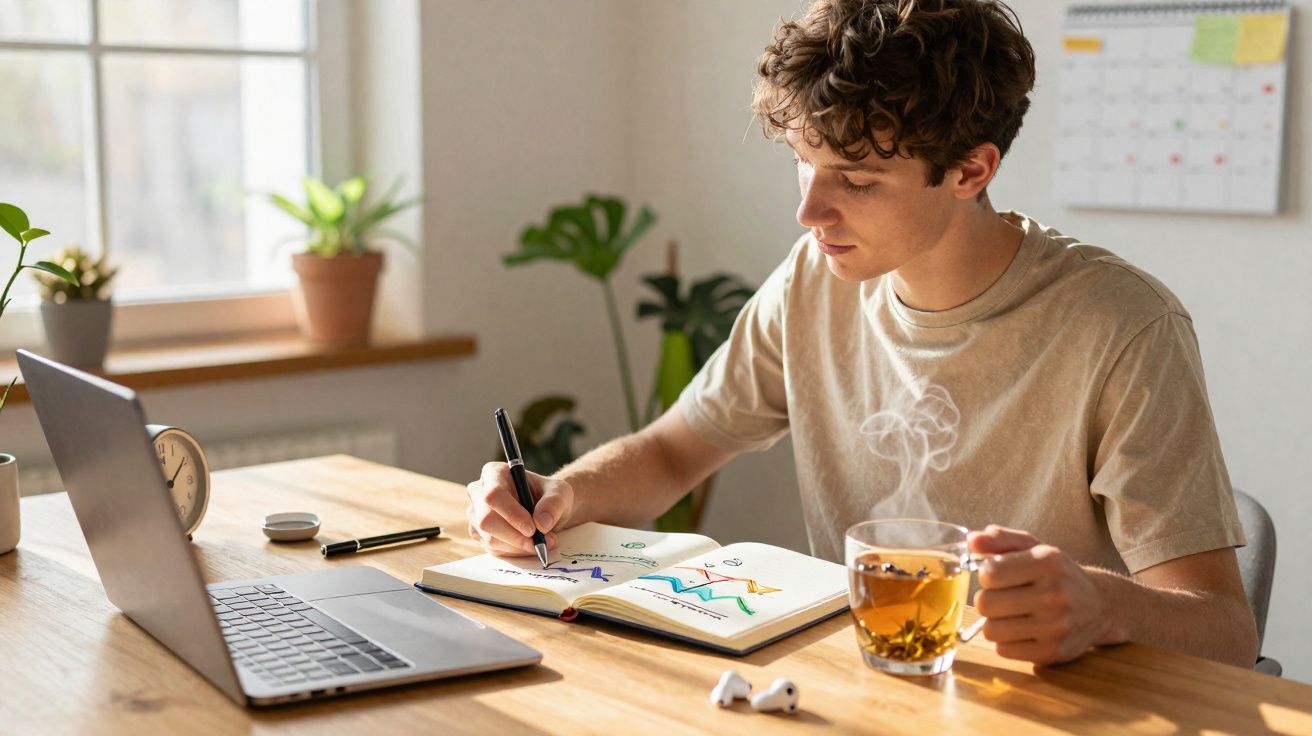 Jovem a desenhar gráficos num caderno, sentado numa mesa com chá, computador e auscultadores sem fios.