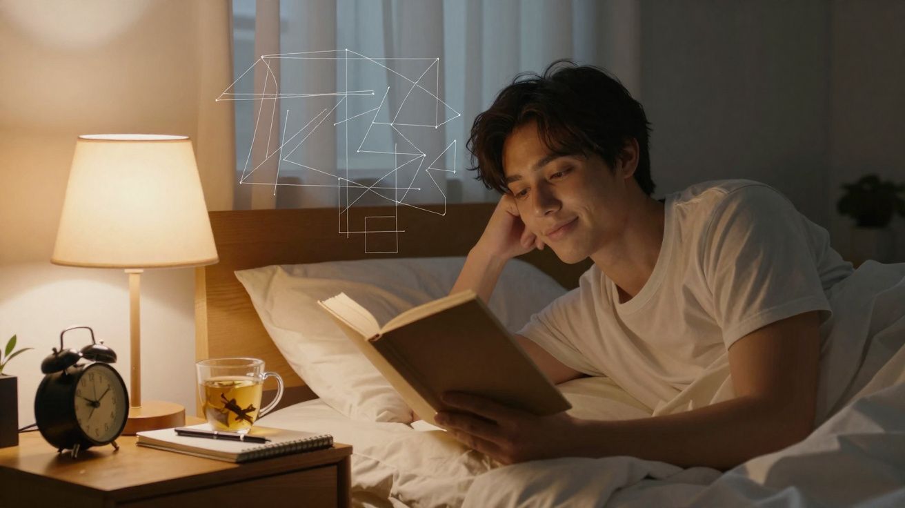 Homem deitado na cama a ler um livro com iluminação quente, ao lado de uma mesa com relógio, chá e caderno.