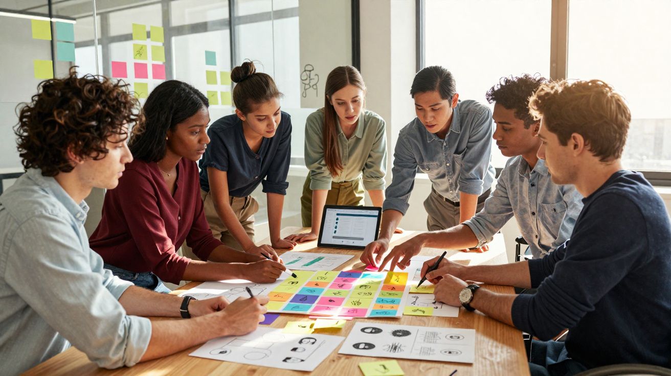 Grupo diversificado de jovens em reunião de equipa a planear com post-its coloridos numa mesa.