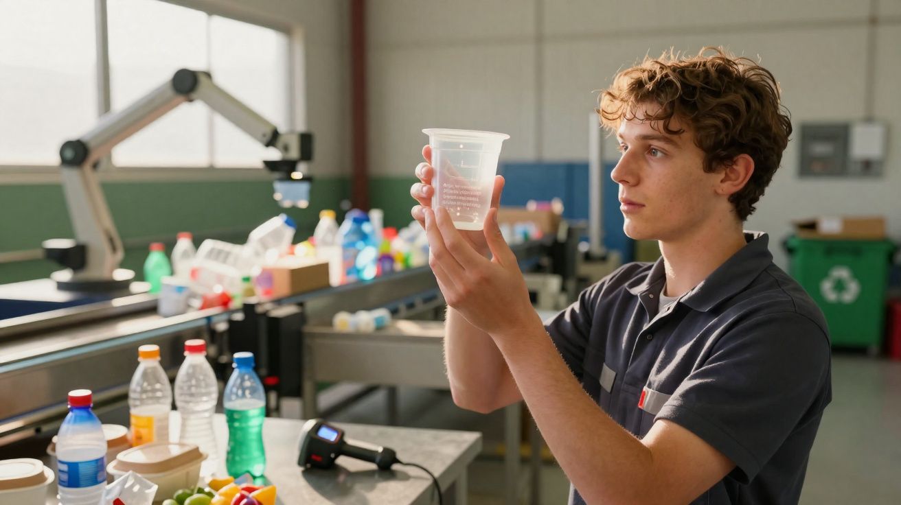 Homem jovem a inspecionar um copo plástico transparente numa linha de produção de embalagens.