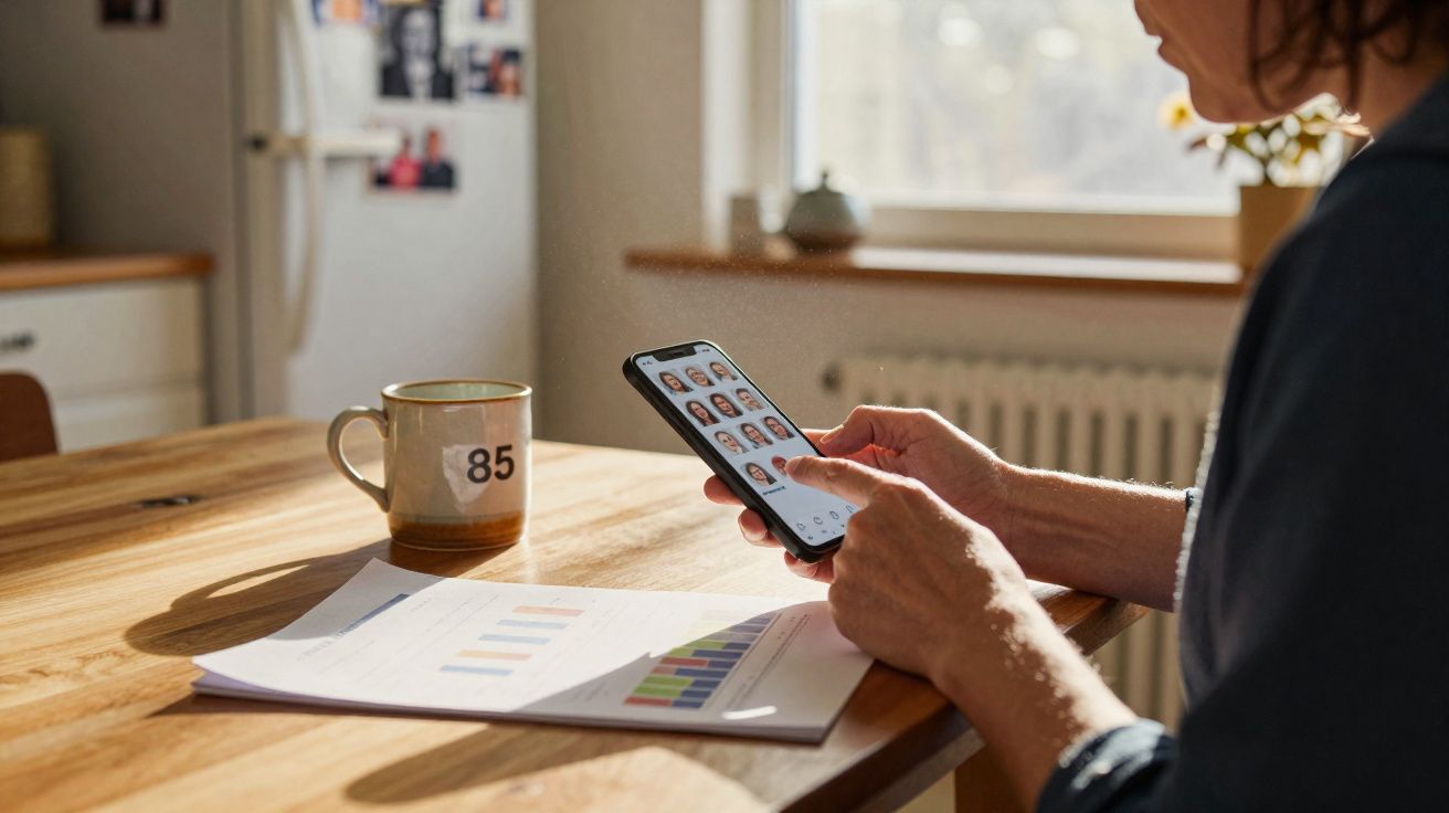 Pessoa a usar telemóvel com vídeo chamada em sala iluminada, com relatório e chávena numa mesa de madeira.