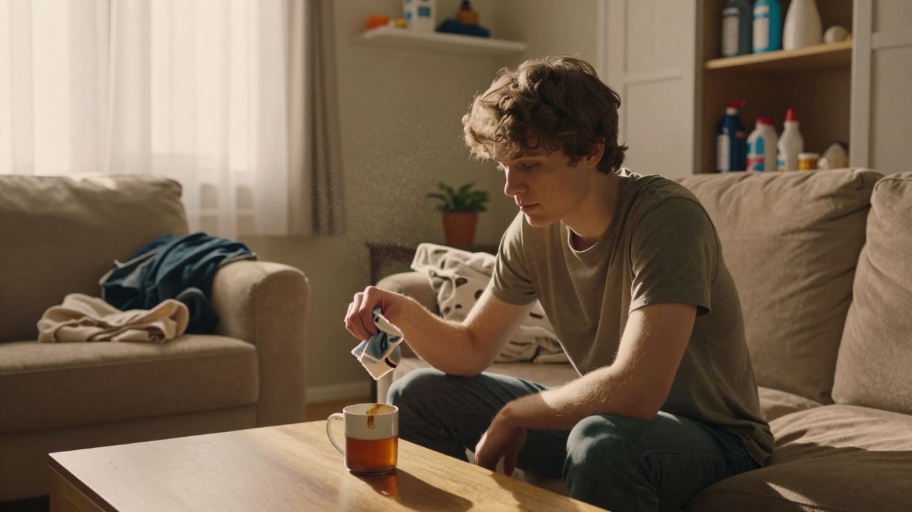 Jovem sentado no sofá a deitar açúcar numa chávena de chá numa sala iluminada pela luz natural.