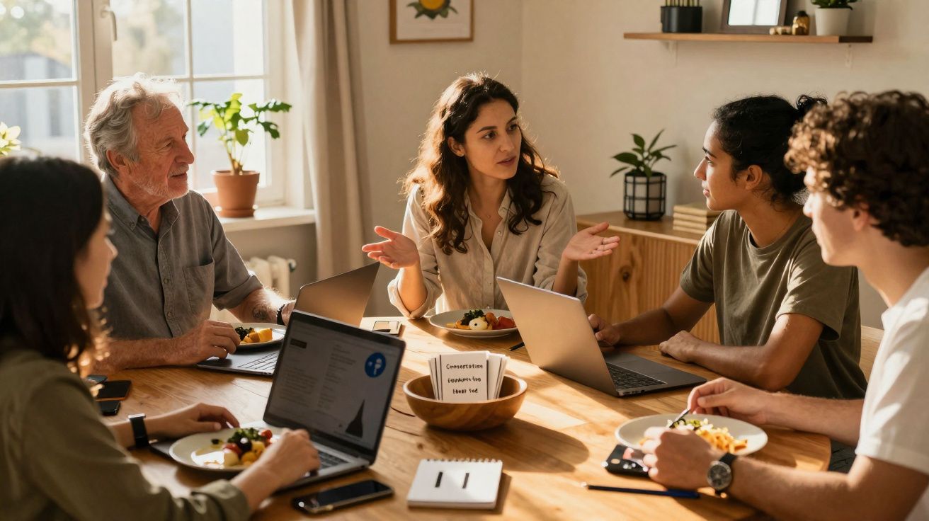 Grupo de cinco pessoas reunidas à volta de uma mesa com computadores e refeições, em conversa num ambiente luminoso.