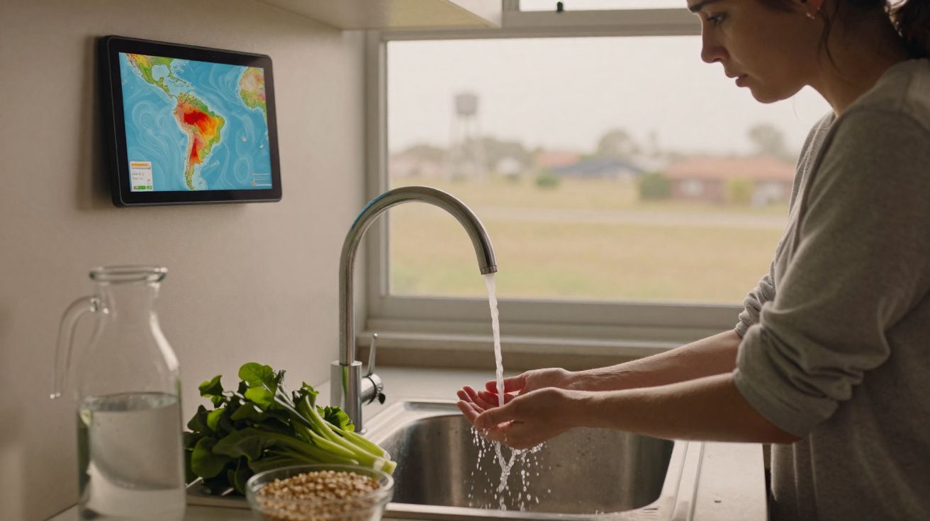 Pessoa a lavar as mãos numa cozinha com legumes, uma jarra de água e um mapa colorido na parede.