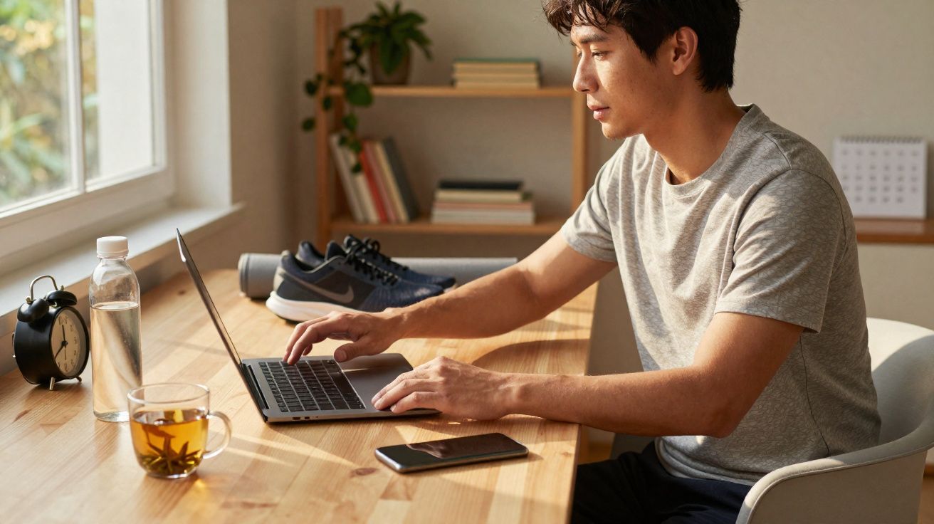 Homem sentado numa cadeira a trabalhar num portátil numa secretária com garrafa, chá, telemóvel e sapatos.