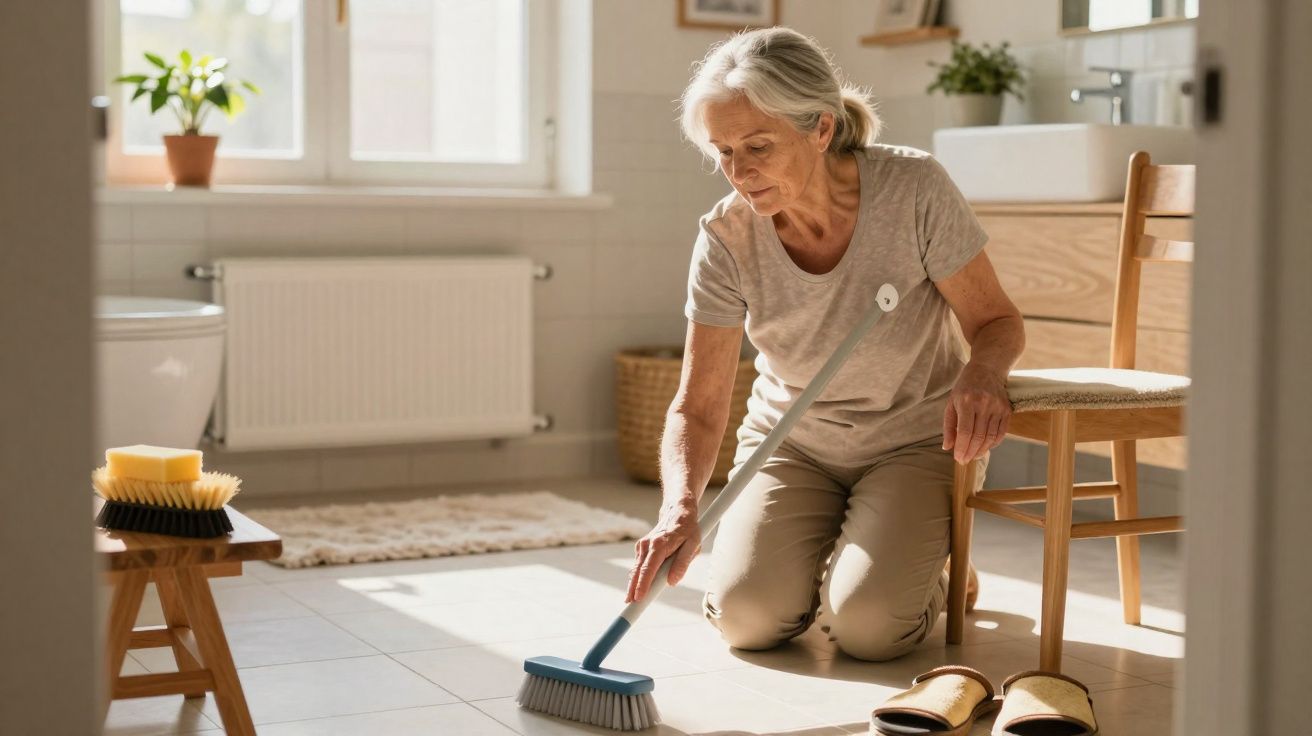 Idosa ajoelhada a limpar o chão da casa de banho com uma escova, luz natural na divisão.